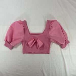 Pink Puff Sleeve Square Neck Bow Front Crop Top Blouse Women's XS Ribbed Body